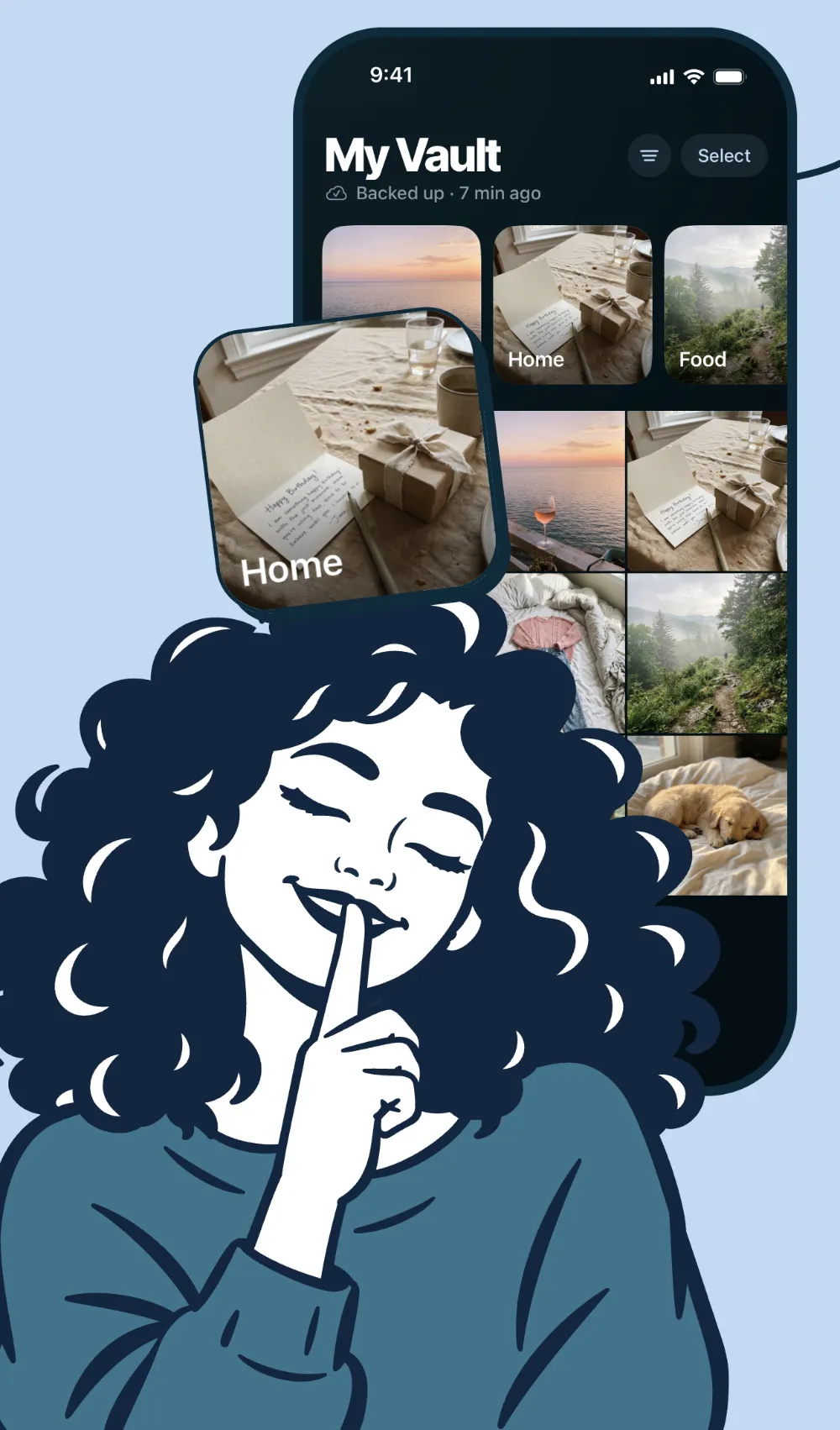 Locket vault on iPhone with photo albums, next to an illustrated woman with a finger to her lips
