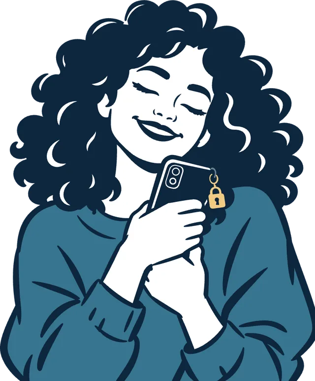 Illustrated woman smiling and hugging her phone, a small gold lock charm hanging from it