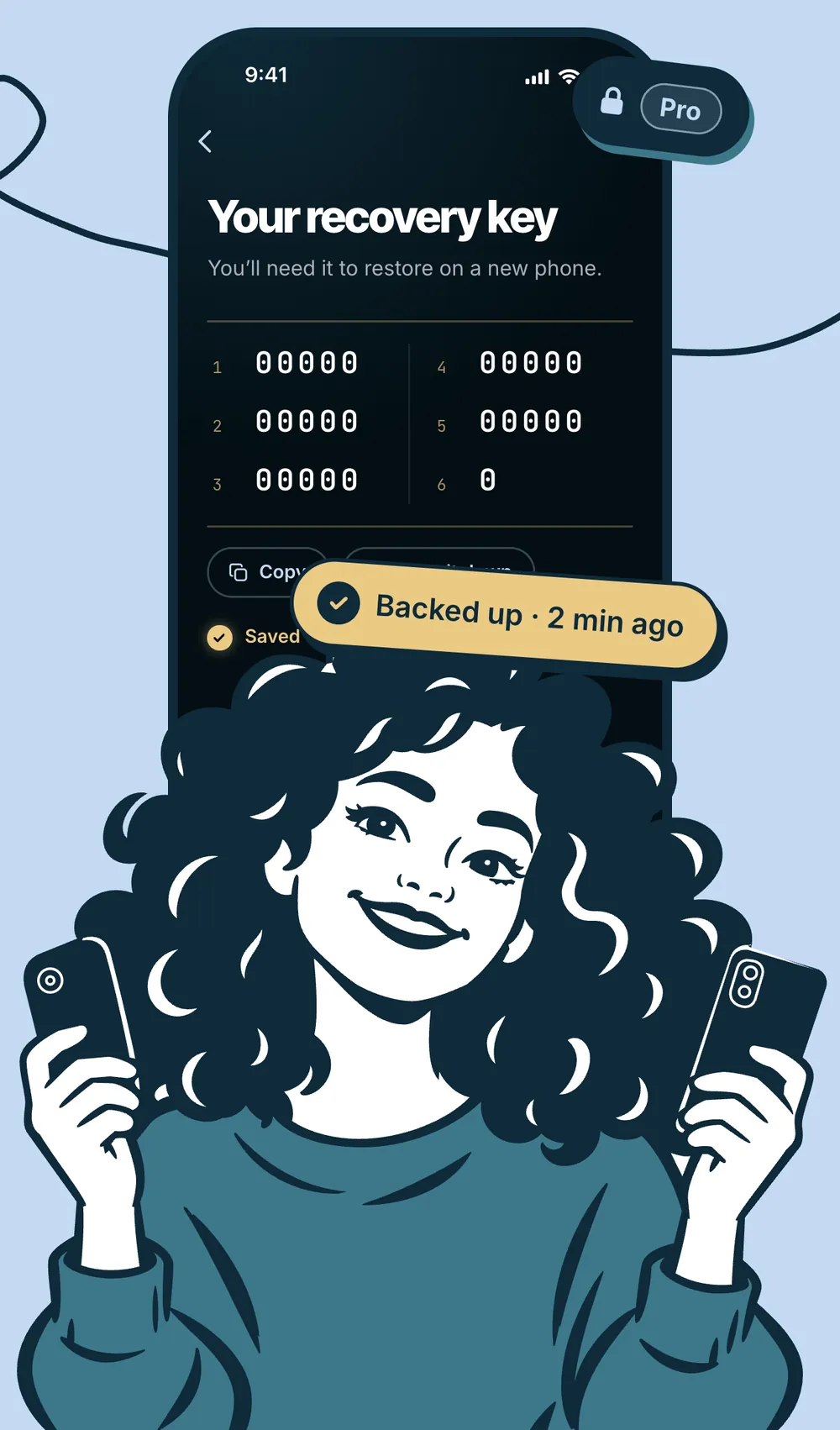 Locket recovery key screen for Encrypted Backup, with a backed up badge